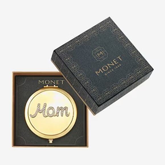 MONET Compact Mirror Mom Rhinestone Gold Tone New in Box - Picture 1 of 6